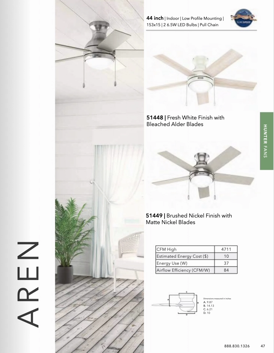 Hunter Fan Aren 44" Flushmount Pull Chain Ceiling Fan with 14W LED