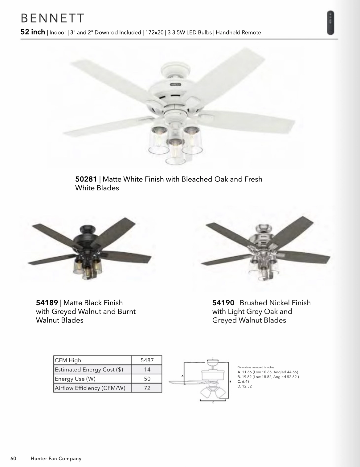 Hunter Fan Bennett Ceiling Fan with 3lights 11W LED and Remote
