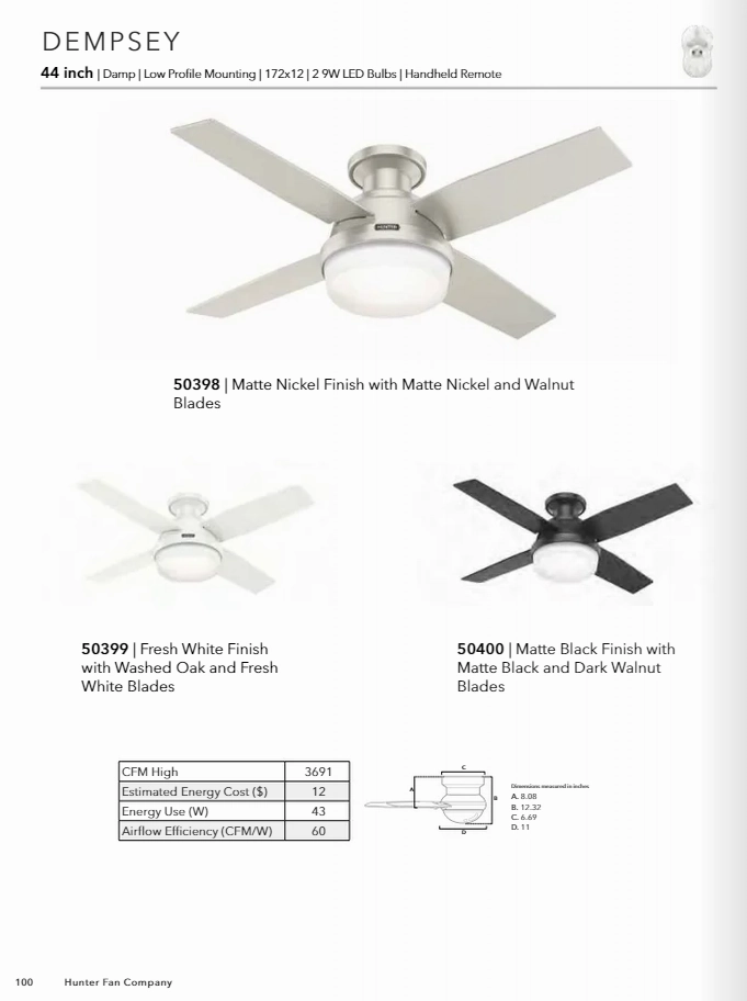 Hunter Fan Dempsey Indoor/Outdoor 44" Flushmount Ceiling Fan with 18W LED and Remote