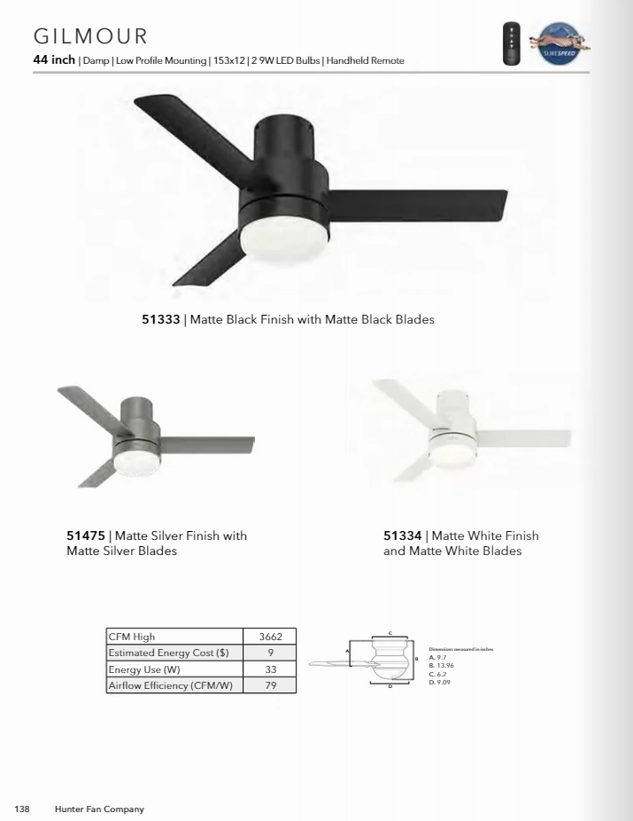 Hunter Fan Gilmour 44" Flushmount Ceiling Fan with 20W LED and Remote