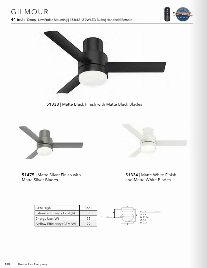 Hunter Fan Gilmour 44" Flushmount Ceiling Fan with 20W LED and Remote
