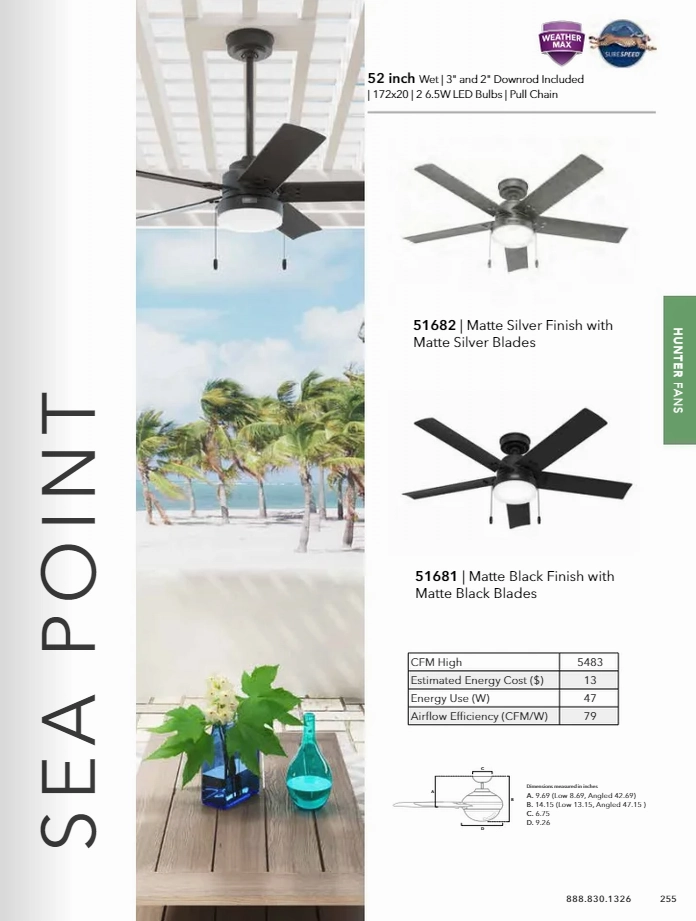 Hunter Fan Sea Point 52" Outdoor Pull Chain Ceiling Fan with 14W LED
