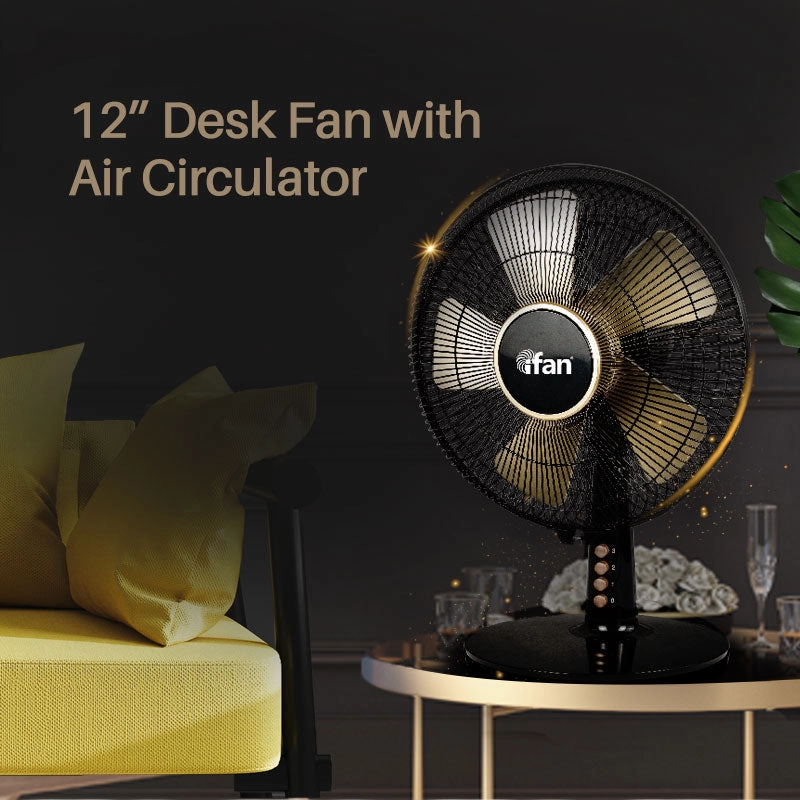 iFan 12 Desk Fan  5 Blades, Turbo Fan, Vortex Airflow, Oscillation, Adjustable Height, Energy-saving, 3-Speed, black, IF403