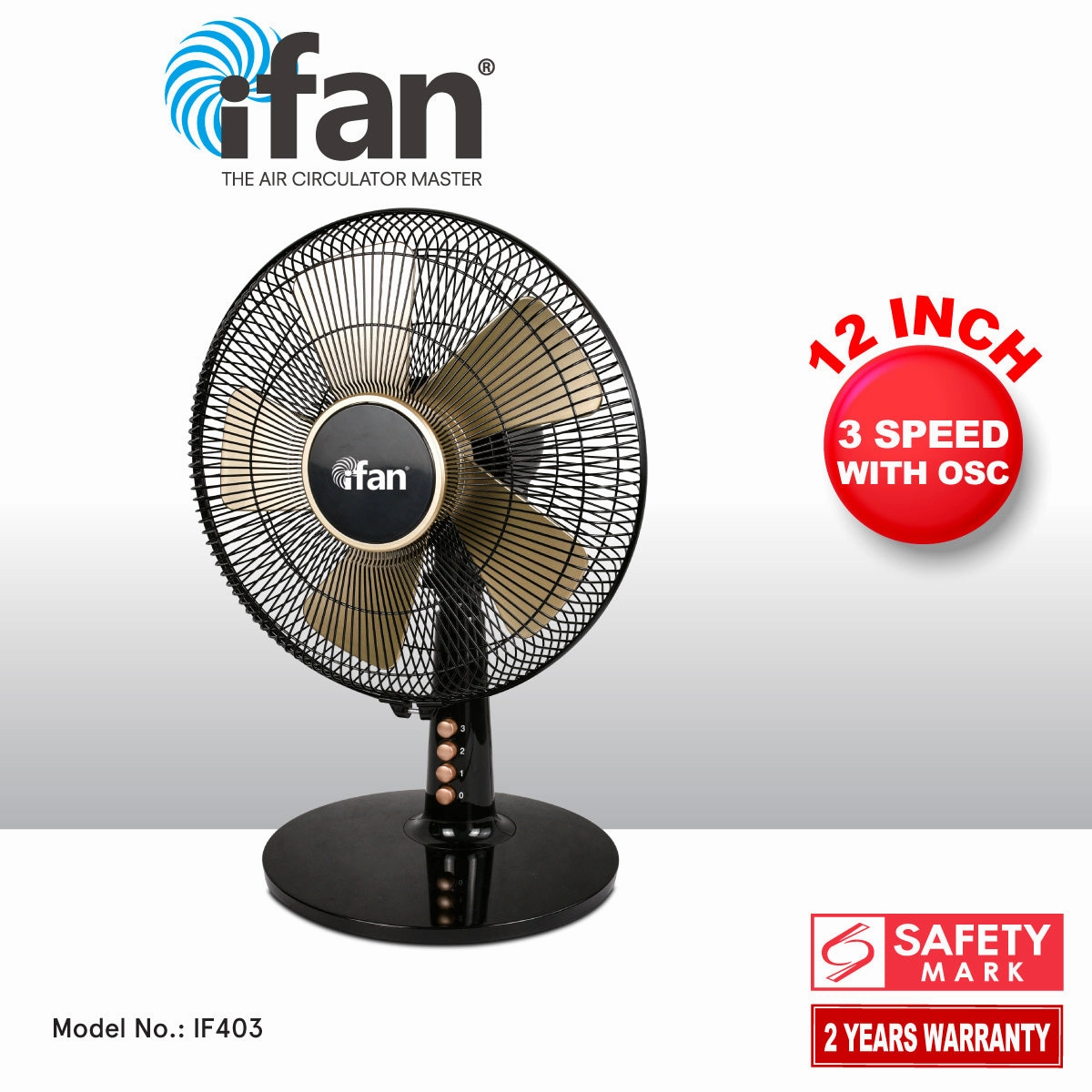 iFan 12 Desk Fan  5 Blades, Turbo Fan, Vortex Airflow, Oscillation, Adjustable Height, Energy-saving, 3-Speed, black, IF403