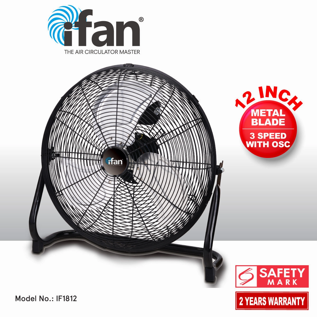 iFan 12" High Velocity Fan  Metal Blades, Vortex Air Flow, Adjustable Tilt, Durable, Overheat Protection, 3-Speed, black, IF1812