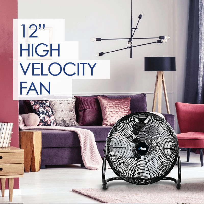 iFan 12" High Velocity Fan  Metal Blades, Vortex Air Flow, Adjustable Tilt, Durable, Overheat Protection, 3-Speed, black, IF1812