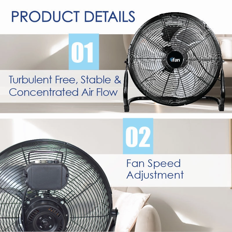 iFan 12" High Velocity Fan  Metal Blades, Vortex Air Flow, Adjustable Tilt, Durable, Overheat Protection, 3-Speed, black, IF1812