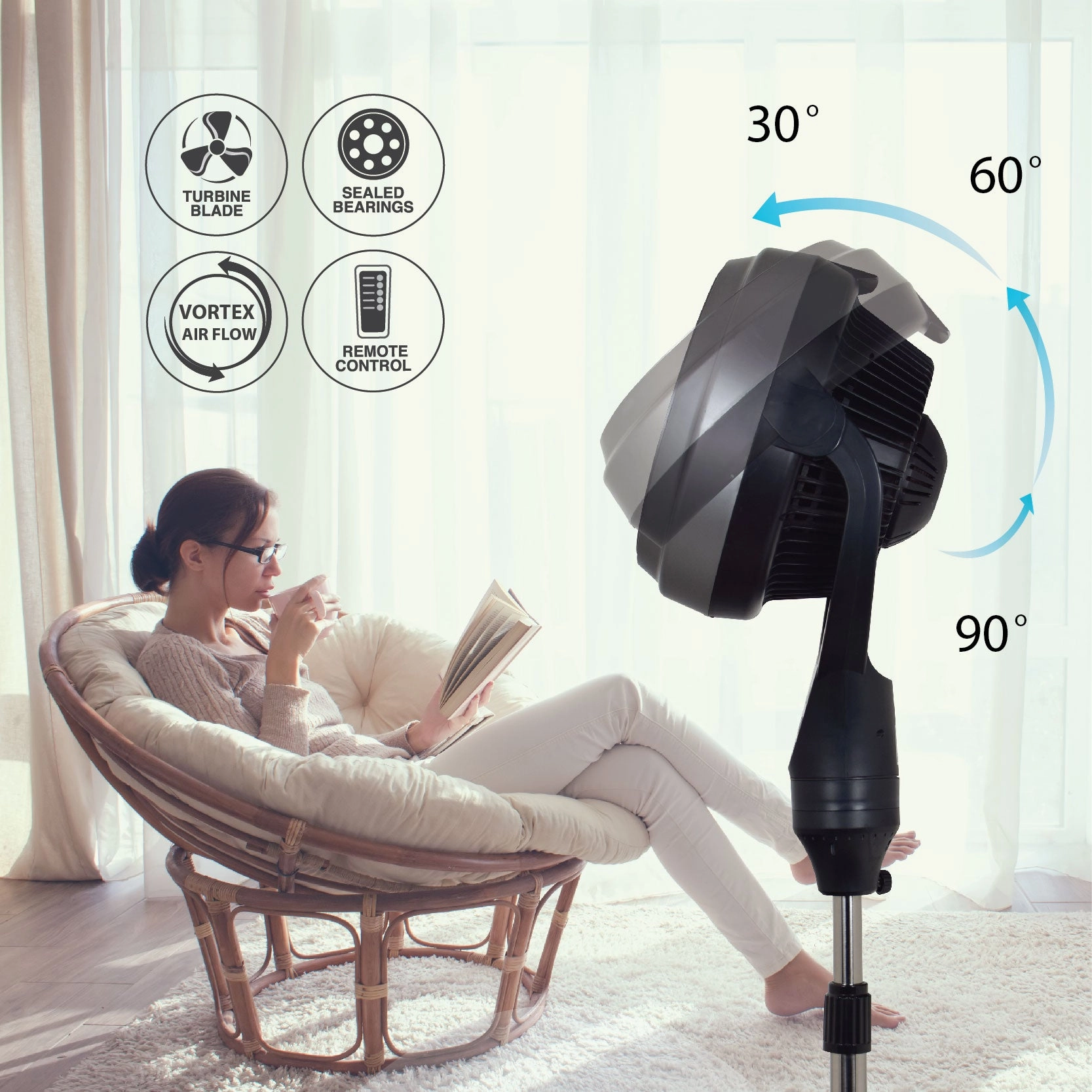 iFan 12" Stand Fan  Remote Control, Strong Vortex Air Circulator, Adjustable Height, 90 Oscillation, Timer, Ionizer, 3-Speed, black, IF9669