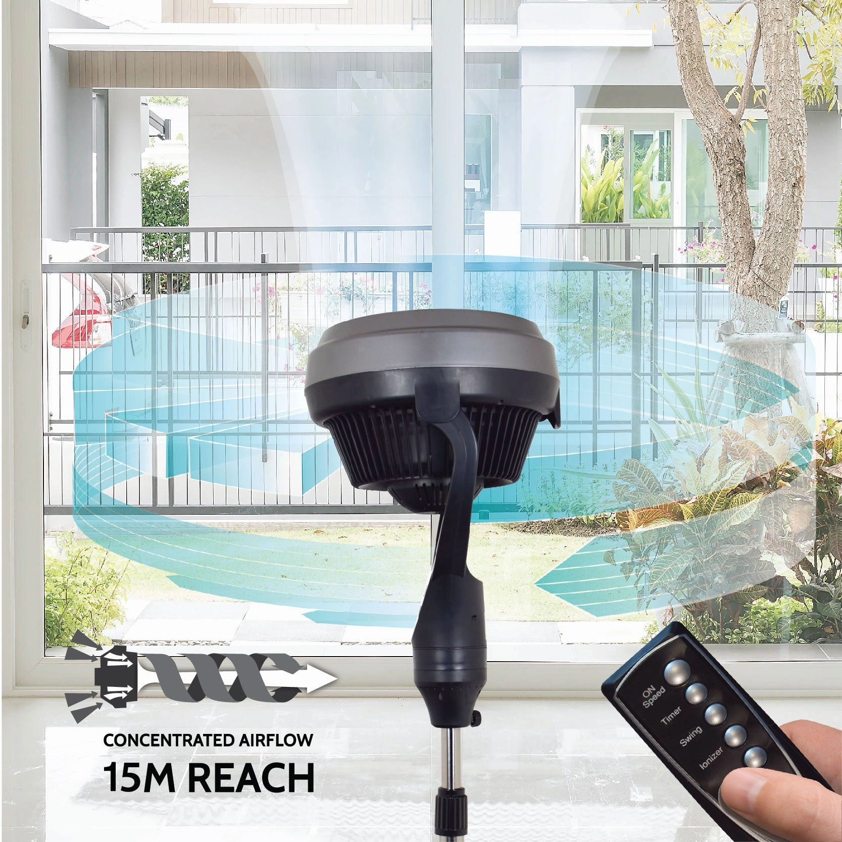 iFan 12" Stand Fan  Remote Control, Strong Vortex Air Circulator, Adjustable Height, 90 Oscillation, Timer, Ionizer, 3-Speed, black, IF9669