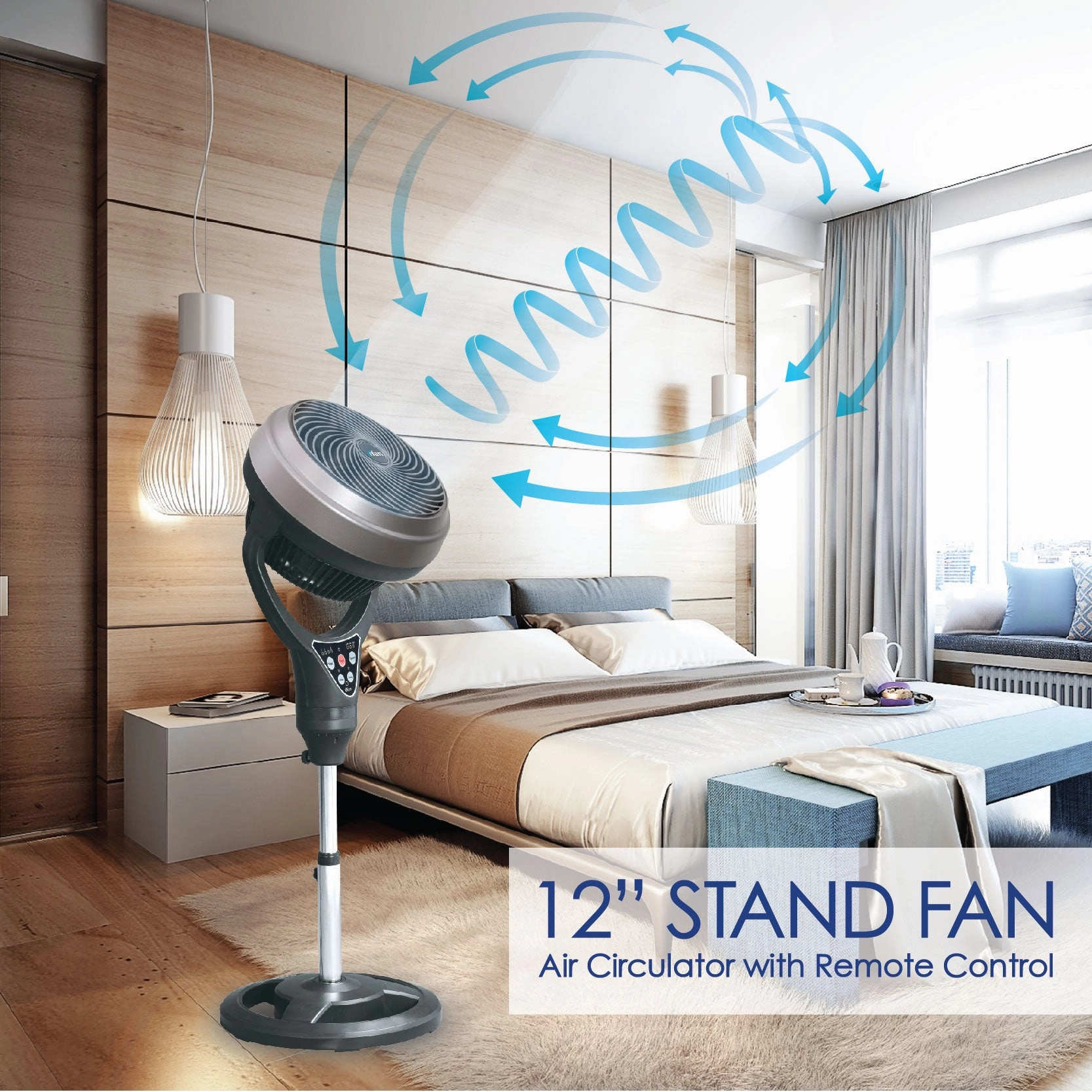 iFan 12" Stand Fan  Remote Control, Strong Vortex Air Circulator, Adjustable Height, 90 Oscillation, Timer, Ionizer, 3-Speed, black, IF9669