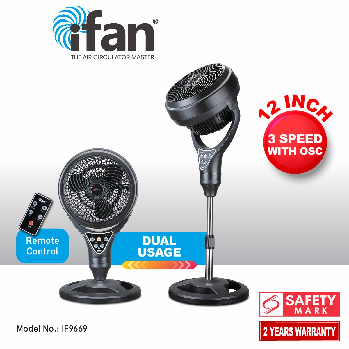 iFan 12" Stand Fan  Remote Control, Strong Vortex Air Circulator, Adjustable Height, 90 Oscillation, Timer, Ionizer, 3-Speed, black, IF9669