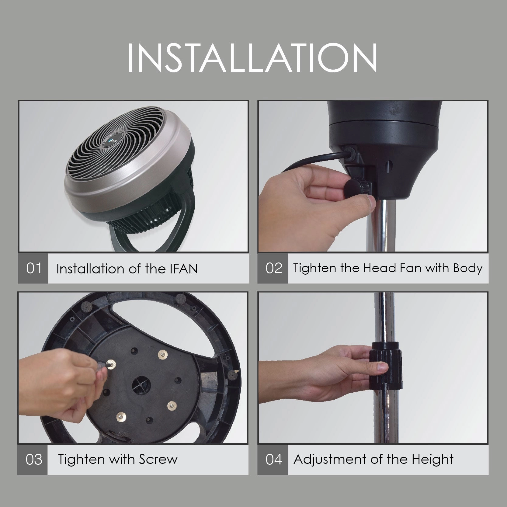 iFan 12" Stand Fan  Remote Control, Strong Vortex Air Circulator, Adjustable Height, 90 Oscillation, Timer, Ionizer, 3-Speed, black, IF9669