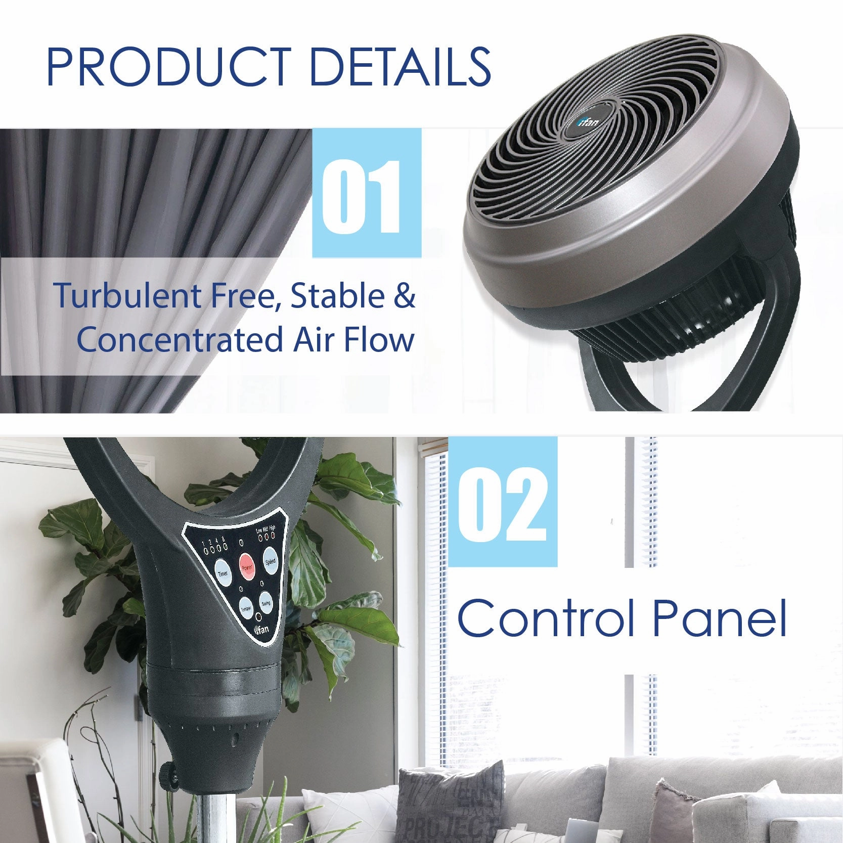 iFan 12" Stand Fan  Remote Control, Strong Vortex Air Circulator, Adjustable Height, 90 Oscillation, Timer, Ionizer, 3-Speed, black, IF9669