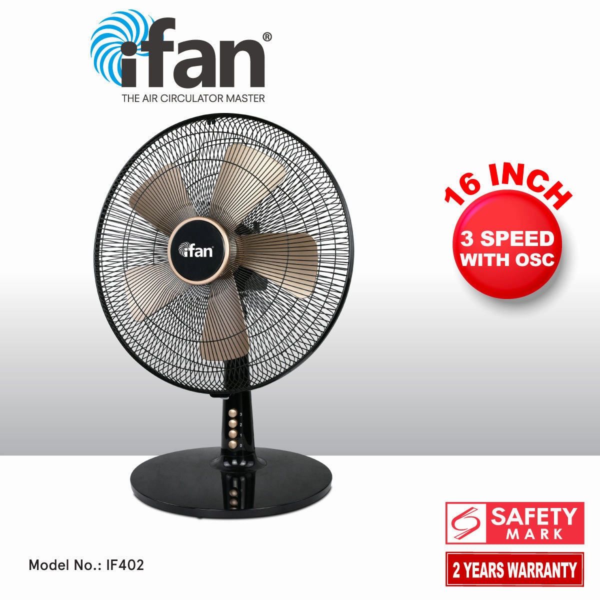 iFan 16" Desk Fan  5 Blades, Turbo Fan, Vortex Airflow, Oscillation, Adjustable Height, Energy-saving, 3-Speed, black, IF402
