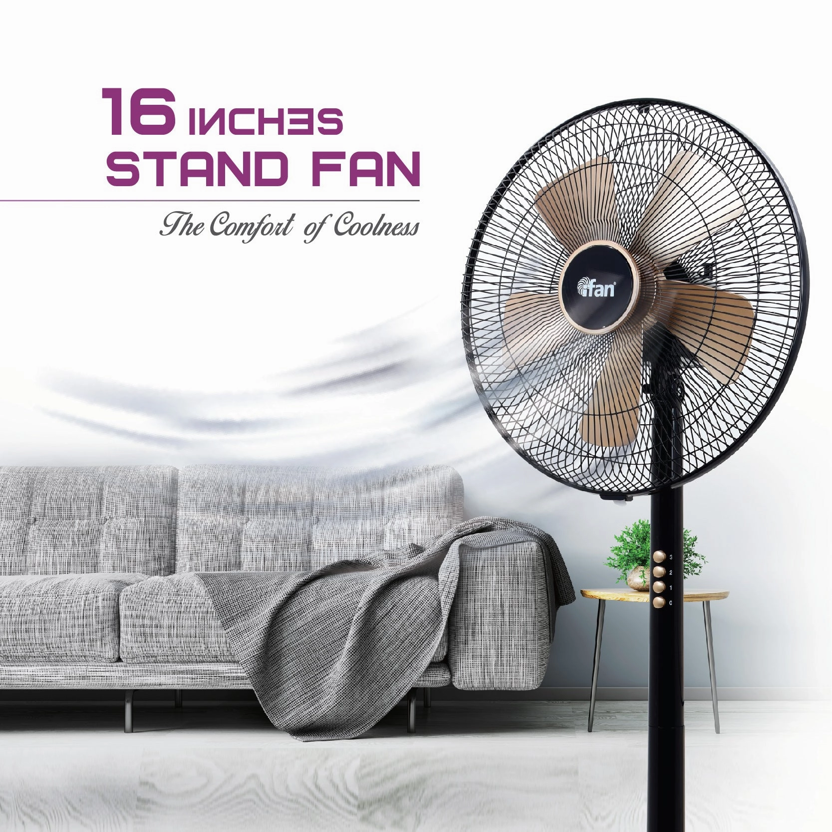 iFan 16" Stand Fan  5 Blades, Turbo Fan, Vortex Airflow, Oscillation, Adjustable Height, Energy-saving, 3-Speed, black, IF401