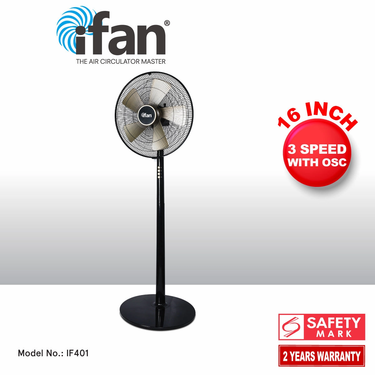 iFan 16" Stand Fan  5 Blades, Turbo Fan, Vortex Airflow, Oscillation, Adjustable Height, Energy-saving, 3-Speed, black, IF401