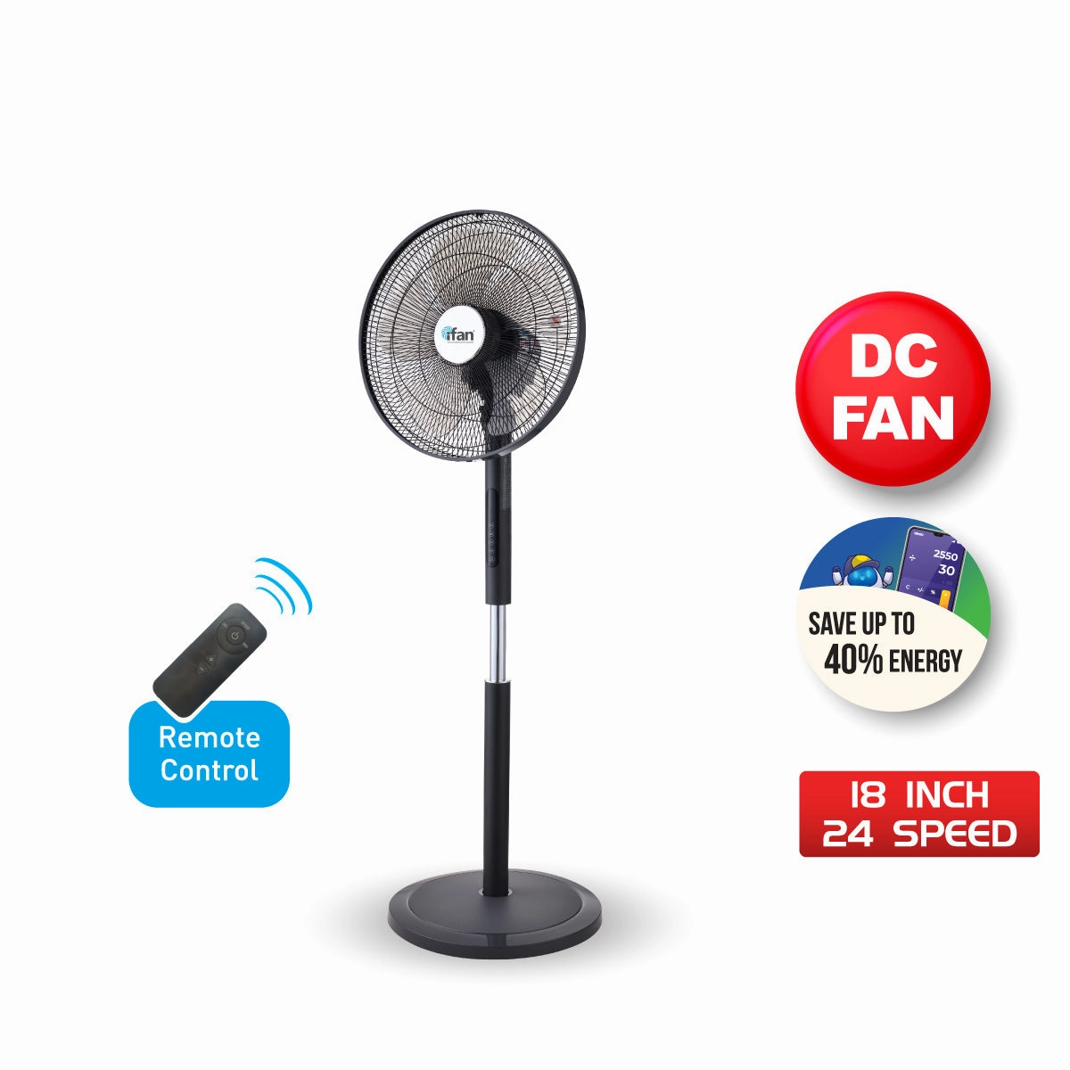 iFan 18" DC Motor Stand Fan with Remote Control  24 Speeds, Oscillation, Adjustable height, Overheating Protection, IF7468
