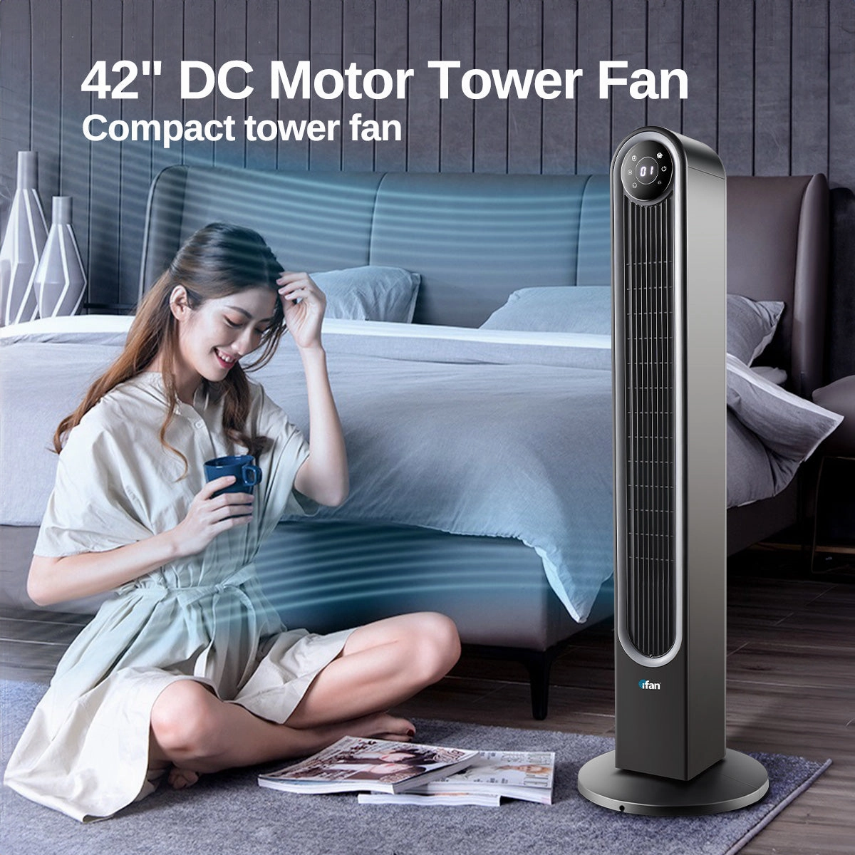 iFan 42" DC Bladeless Tower Fan  Remote Control, Touch-screen, Oscillation, Timer, LED Lamp, 3 Modes, Quiet, 24-Speed, black, IF7469
