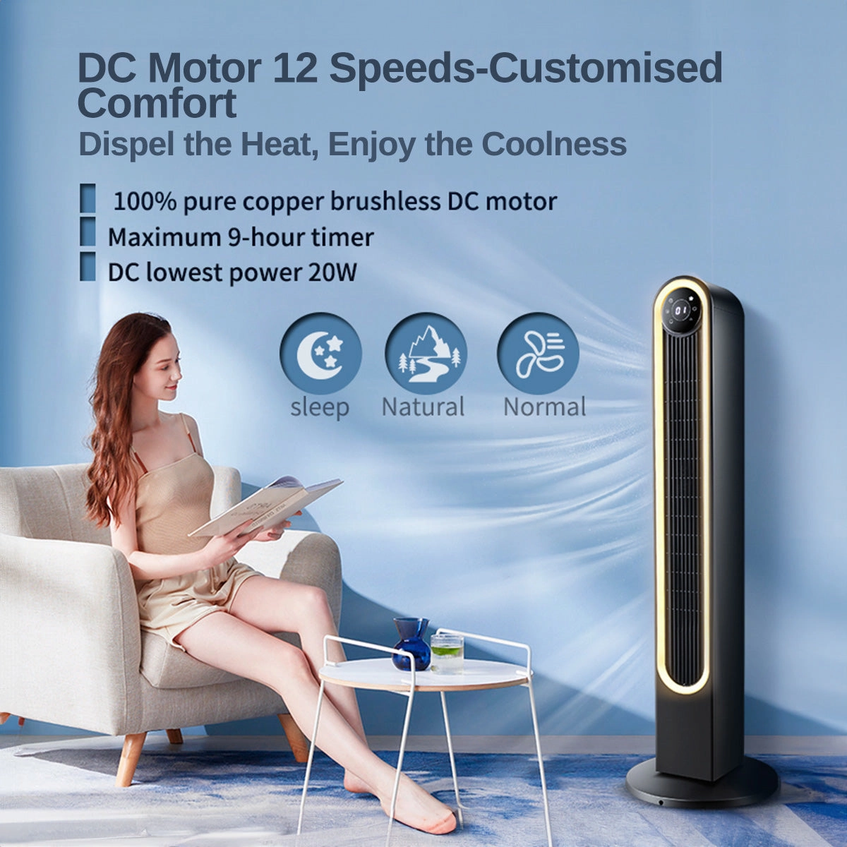 iFan 42" DC Bladeless Tower Fan  Remote Control, Touch-screen, Oscillation, Timer, LED Lamp, 3 Modes, Quiet, 24-Speed, black, IF7469