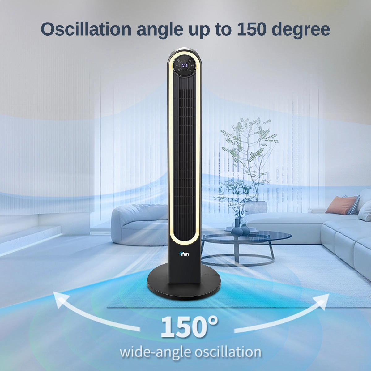 iFan 42" DC Bladeless Tower Fan  Remote Control, Touch-screen, Oscillation, Timer, LED Lamp, 3 Modes, Quiet, 24-Speed, black, IF7469