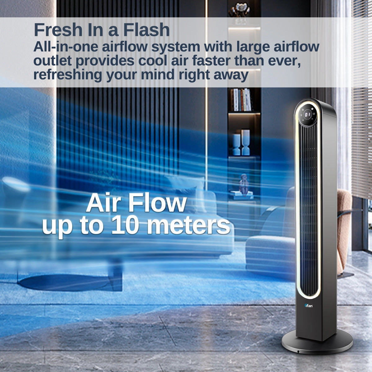 iFan 42" DC Bladeless Tower Fan  Remote Control, Touch-screen, Oscillation, Timer, LED Lamp, 3 Modes, Quiet, 24-Speed, black, IF7469