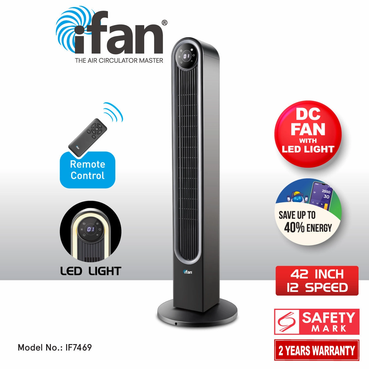 iFan 42" DC Bladeless Tower Fan  Remote Control, Touch-screen, Oscillation, Timer, LED Lamp, 3 Modes, Quiet, 24-Speed, black, IF7469