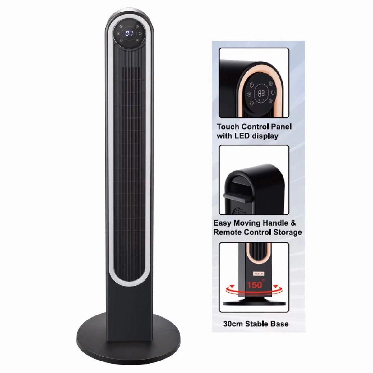 iFan 42" DC Bladeless Tower Fan  Remote Control, Touch-screen, Oscillation, Timer, LED Lamp, 3 Modes, Quiet, 24-Speed, black, IF7469