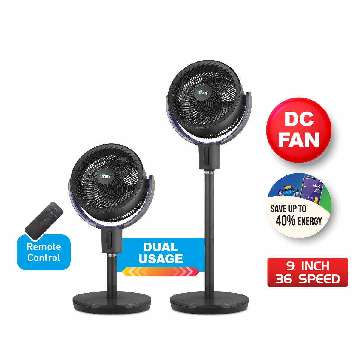 iFan 9" DC Air Circulator Stand Fan with Remote Control  36 Speeds, Adjustable Height, Oscillation, Timer, IF7456