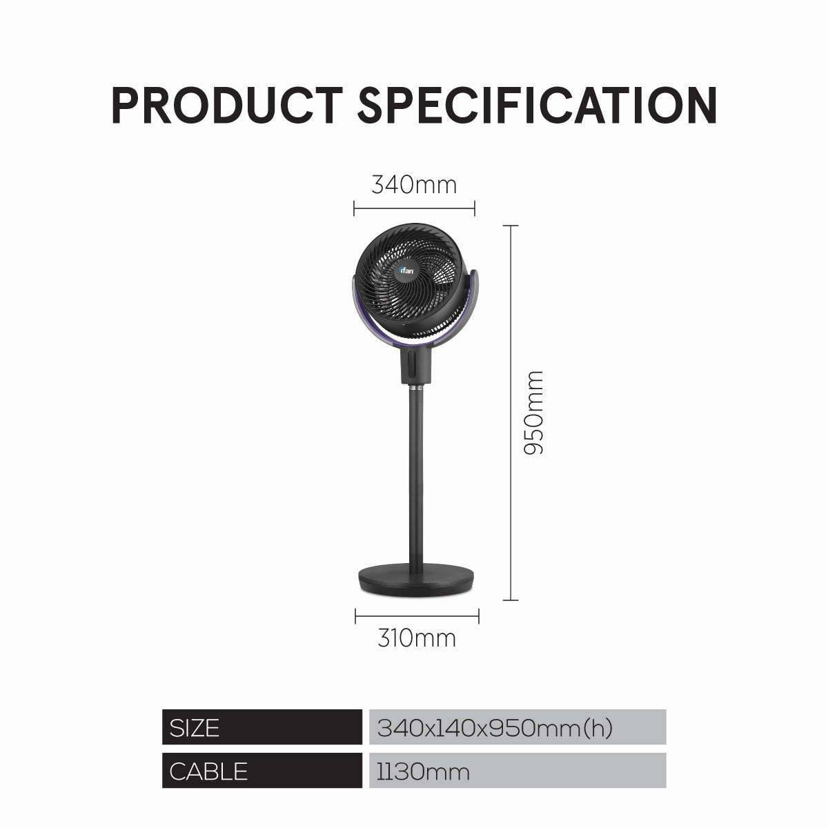 iFan 9" DC Air Circulator Stand Fan with Remote Control  36 Speeds, Adjustable Height, Oscillation, Timer, IF7456
