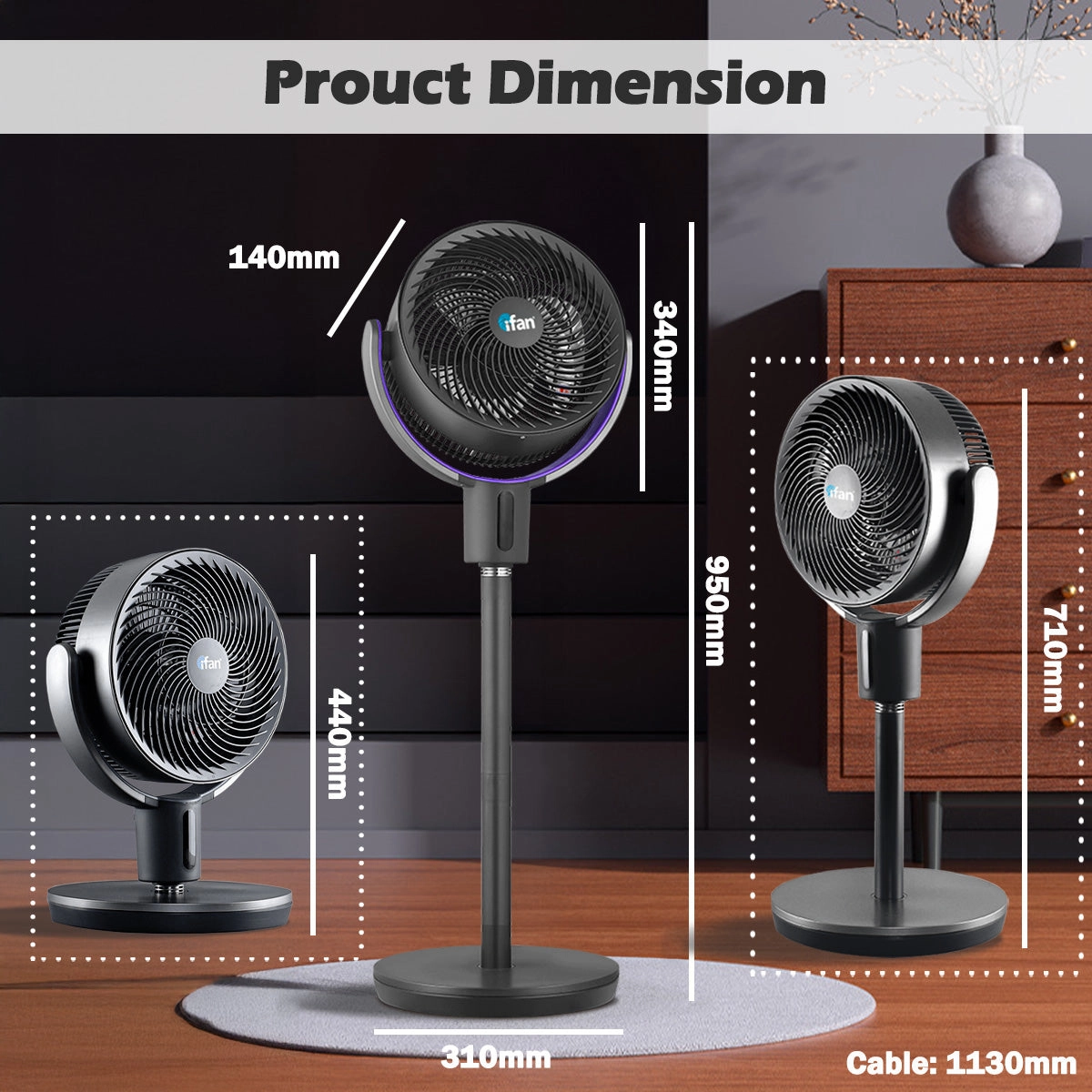 iFan 9" DC Air Circulator Stand Fan with Remote Control  36 Speeds, Adjustable Height, Oscillation, Timer, IF7456