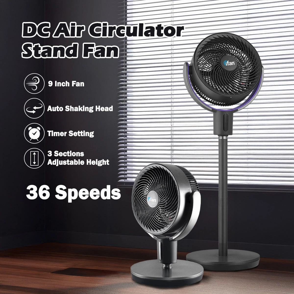 iFan 9" DC Air Circulator Stand Fan with Remote Control  36 Speeds, Adjustable Height, Oscillation, Timer, IF7456