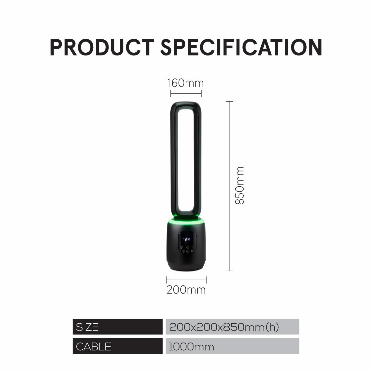 iFan DC Bladeless Tower Fan  Remote Control, Touch-screen, Oscillation, Timer, LED Lamp, 3 wind Modes, Quiet, 24-Speed, black, IF7463