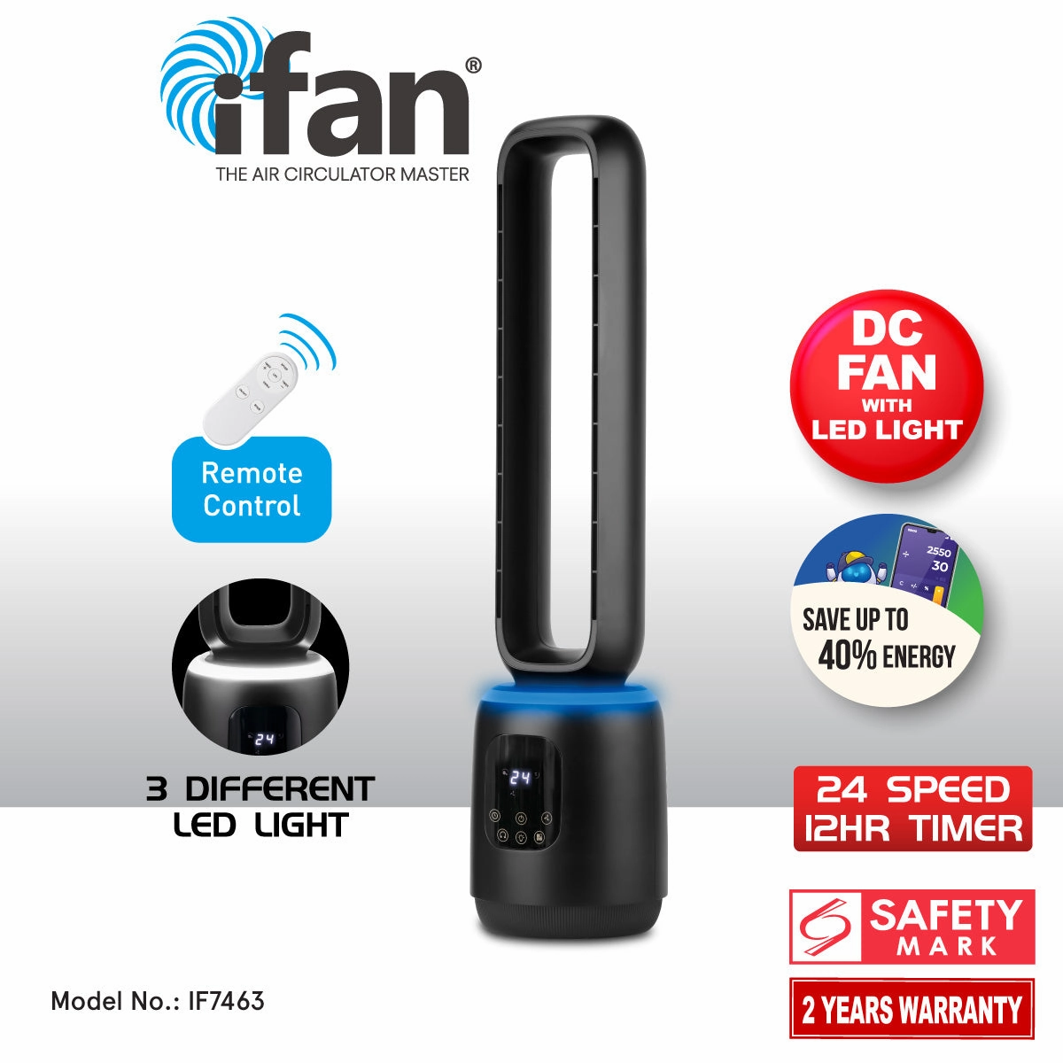 iFan DC Bladeless Tower Fan  Remote Control, Touch-screen, Oscillation, Timer, LED Lamp, 3 wind Modes, Quiet, 24-Speed, black, IF7463