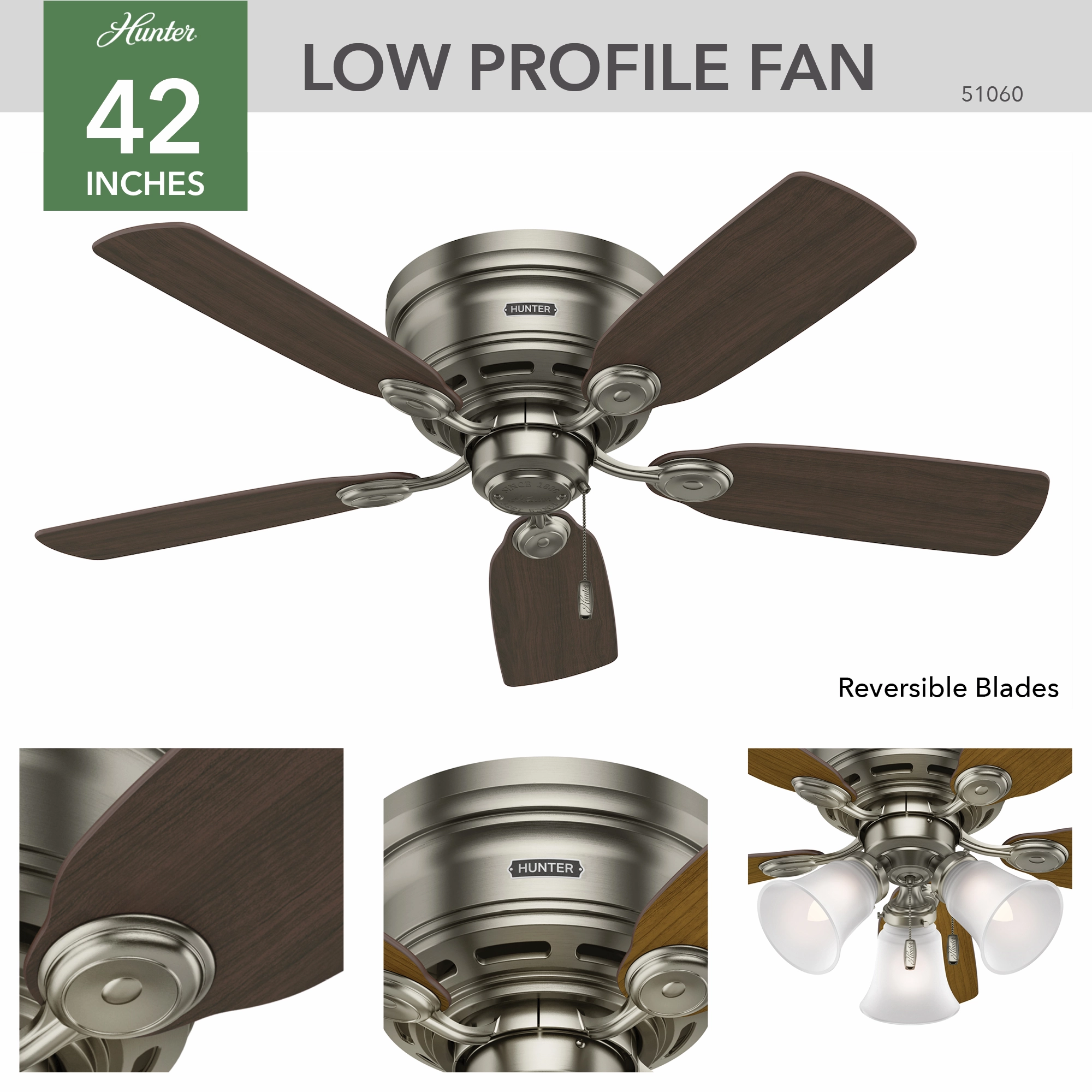 Low Profile 42"Ceiling Fan Antique Pewter
