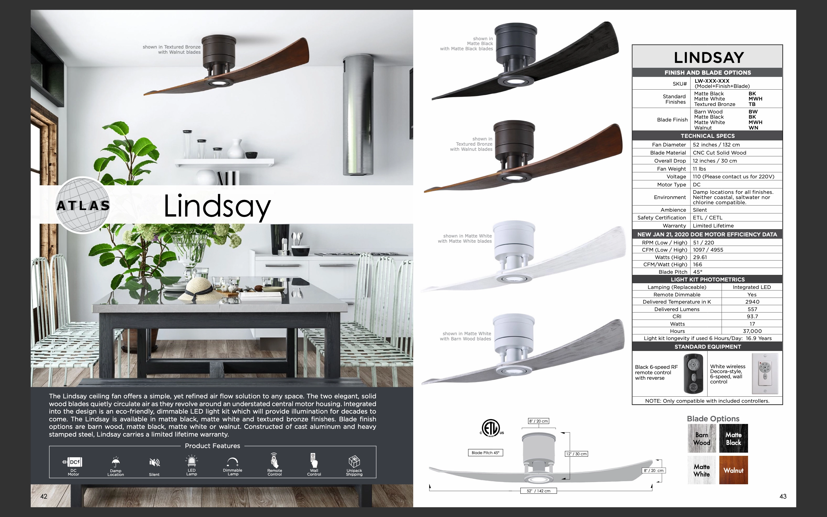 Matthews Fan Company Lindsay 52" Indoor/Outdoor 17W LED DC Hugger Ceiling Fan with Remote and Wall Control