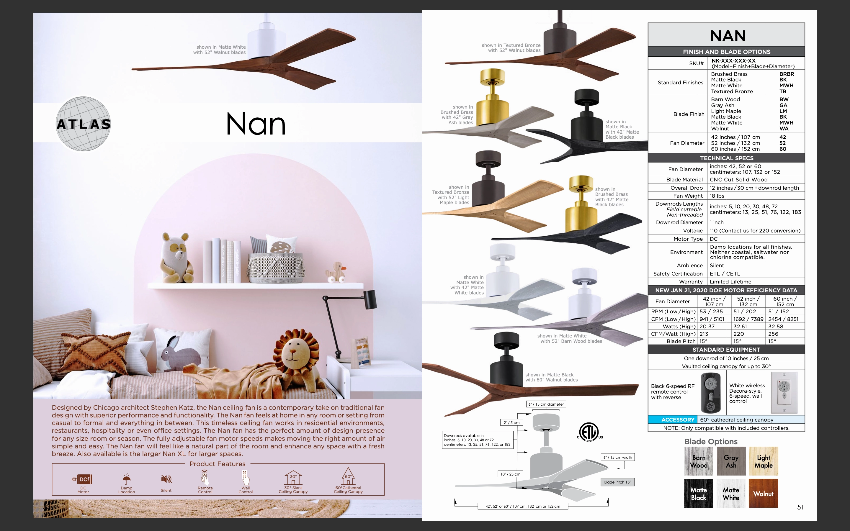 Matthews Fan Company Nan 60" Indoor/Outdoor DC Ceiling Fan with Remote and Wall Control