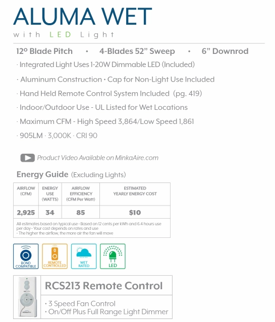 Minka Aire Aluma Wet 52" Outdoor Ceiling Fan with 20W Dimmable LED Light and Remote Control