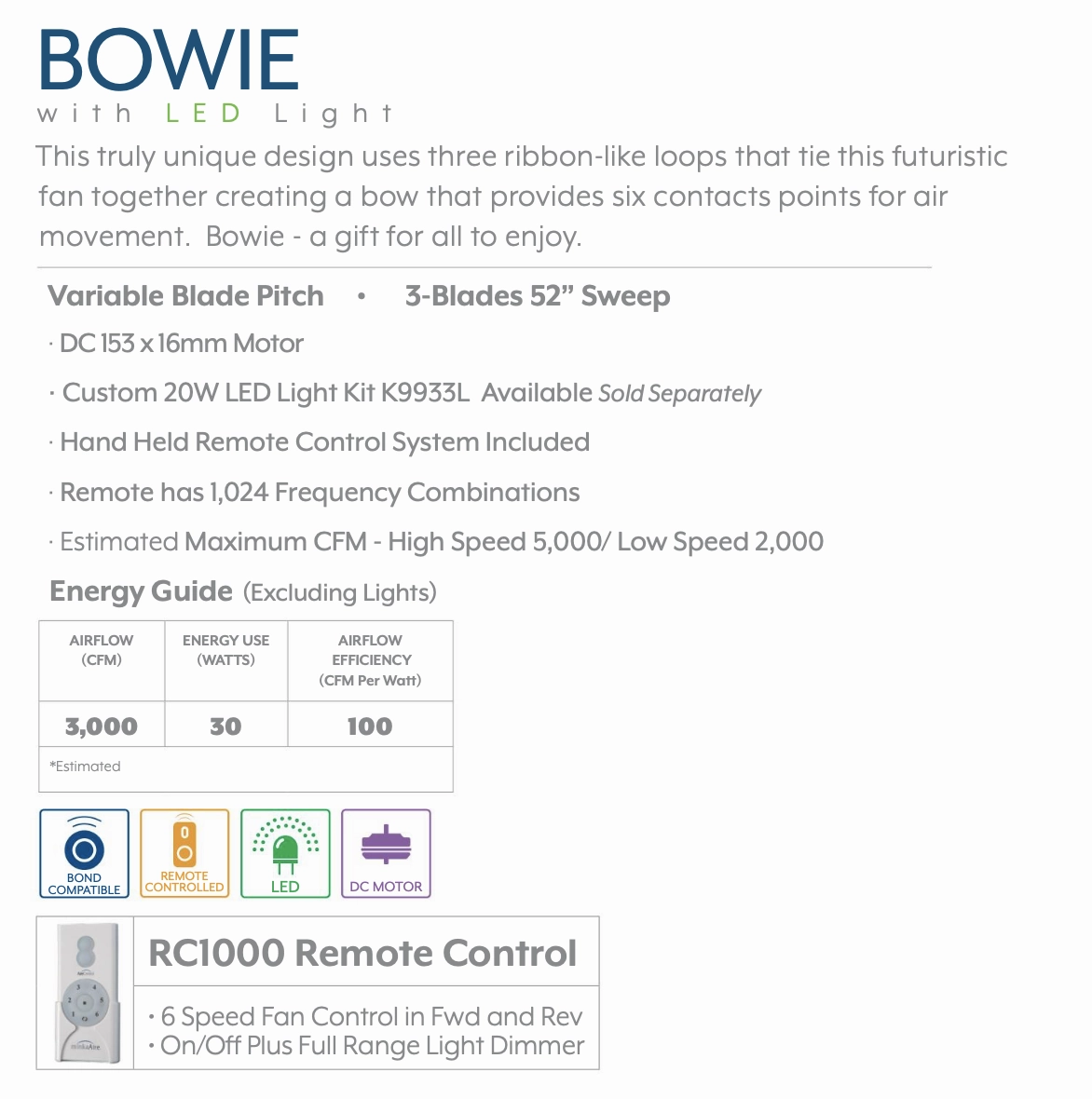 Minka Aire Bowie 52" DC Ceiling Fan with Dimmable LED Light and Remote Control