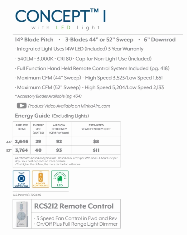 Minka Aire Concept I LED Ceiling Fan with 14W LED and handheld Remote Control