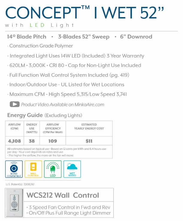 Minka Aire Concept I Wet LED Outdoor Ceiling Fan with 14W LED and Wall Control