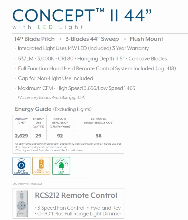 Minka Aire Concept II LED Flushmount Ceiling Fan with Dimmable 14W LED light and Handheld Remote Control