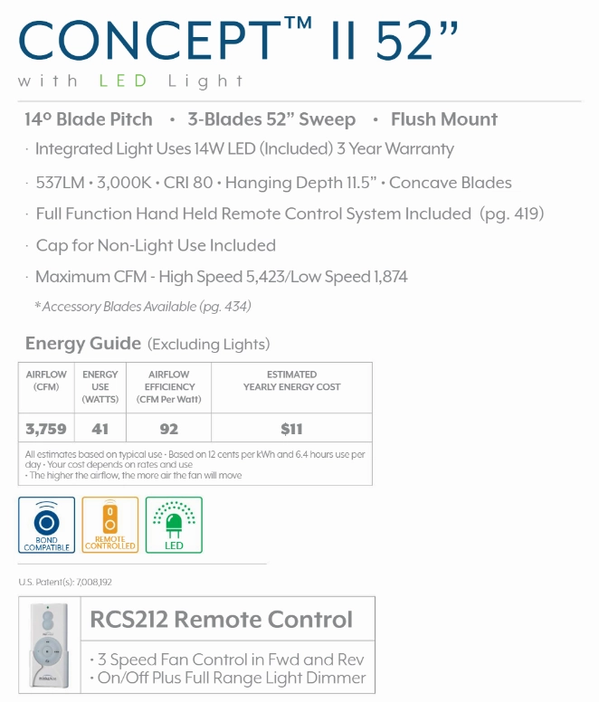 Minka Aire Concept II LED Flushmount Ceiling Fan with Dimmable 14W LED light and Handheld Remote Control