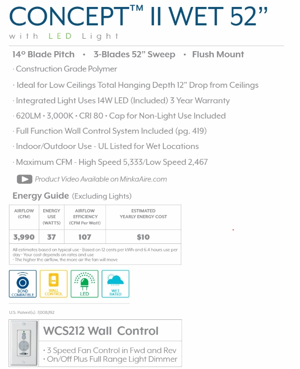 Minka Aire Concept II Wet LED 52" Flushmount Outdoor Ceiling Fan with 14W Led light and Wall Control