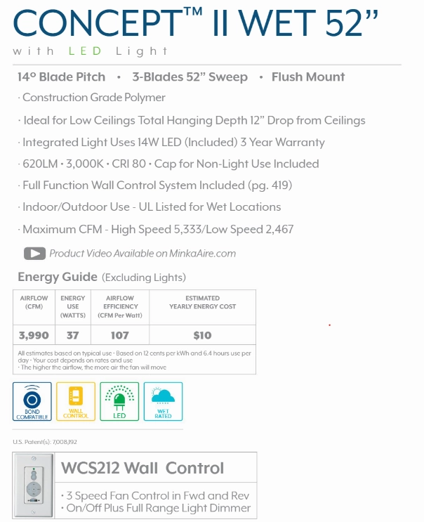 Minka Aire Concept II Wet LED 52" Flushmount Outdoor Ceiling Fan with 14W Led light and Wall Control