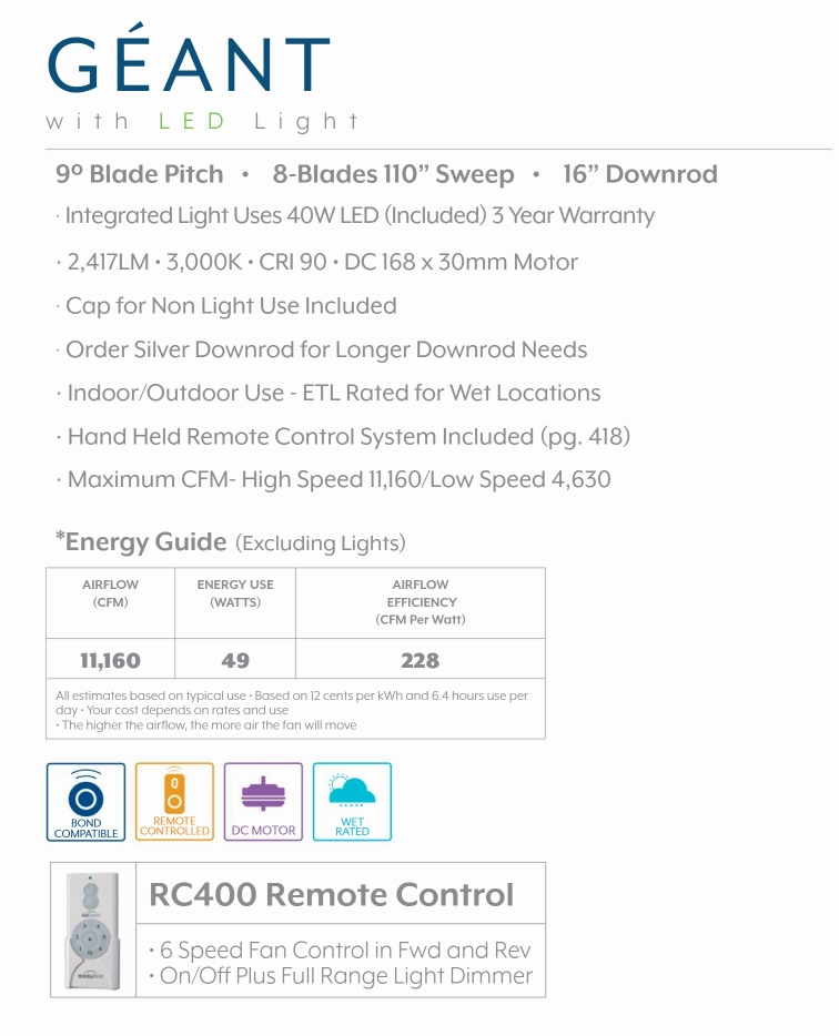 Minka Aire Geant 110" Outdoor DC Ceiling Fan with 40W LED Light and 6 Speed Remote Control