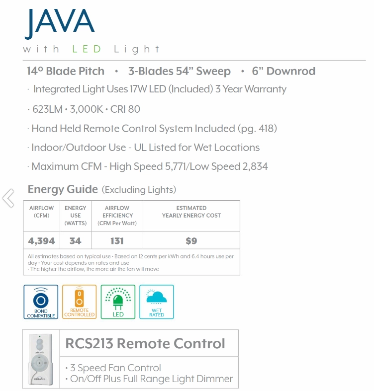 Minka Aire Java Led 54" Outdoor Ceiling Fan with 18W LED Light and Remote Control