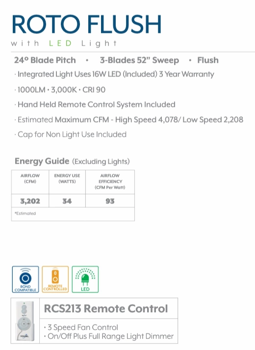 Minka Aire Roto Flush 52" Ceiling Fan with 20W LED Dimmable Light and Remote Control