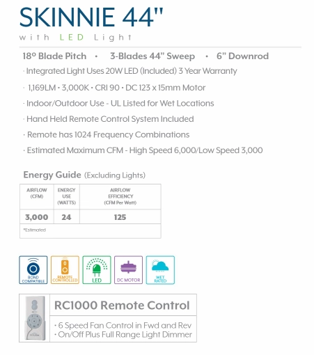 Minka Aire Skinnie DC Outdoor Ceiling Fan with 20W LED Dimmable Light and Remote Control