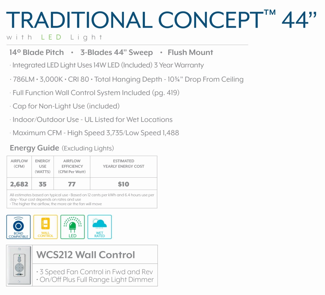 Minka Aire Traditional Concept LED Flushmount Outdoor Ceiling Fan with 14W Dimmable LED and Wall Control