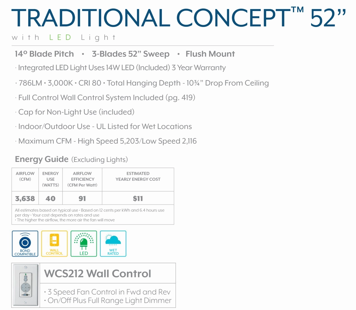 Minka Aire Traditional Concept LED Flushmount Outdoor Ceiling Fan with 14W Dimmable LED and Wall Control